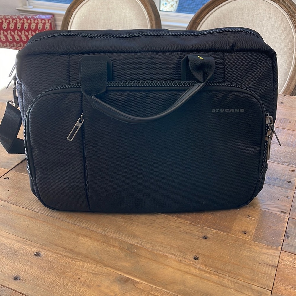 Tucano black men’s laptop briefcase soft carry on bag heavy-metal zippers  NWOT